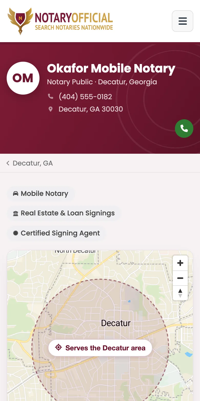 Example mobile notary listing on a phone, showing the Mobile Notary badge and a shaded Serves the Decatur area map instead of a street address