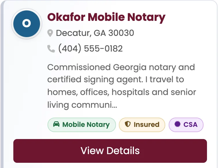 Search result for Okafor Mobile Notary in Decatur, GA, with Mobile Notary, Insured and CSA badges