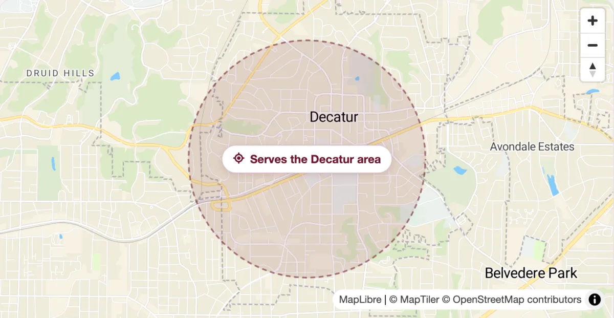 Listing map with a shaded circle labelled Serves the Decatur area, and no pin on a street address