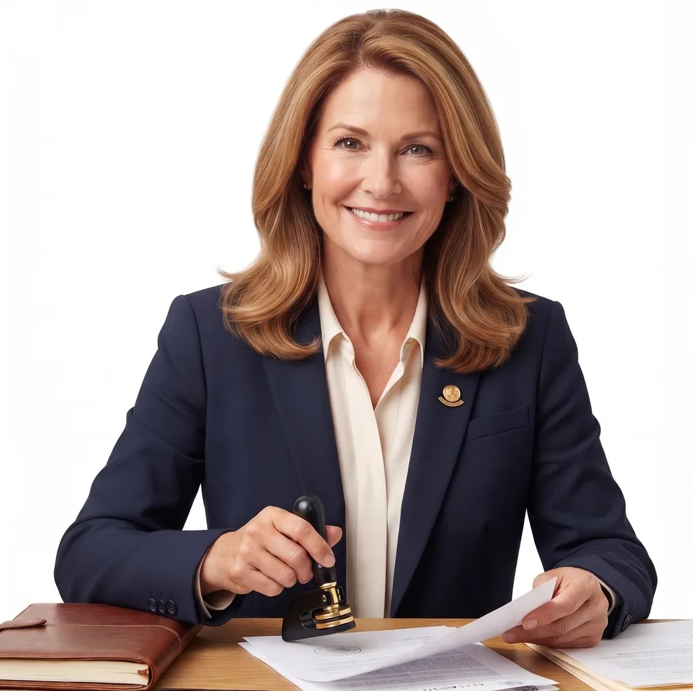 A commissioned notary public at her desk, notarizing a document